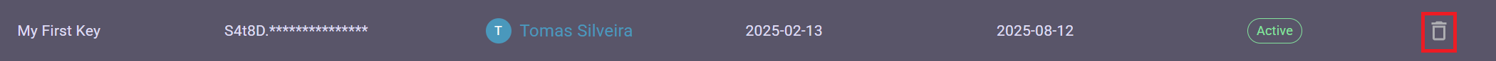 API keys delete button